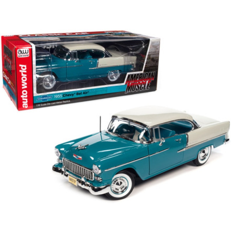 1/18 Auto World 1955 Chevrolet Bel Air Skyline Blue and India Ivory White Diecast Car Model