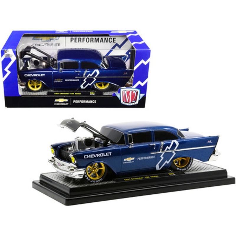 1957 Chevrolet 150 Sedan Dark Blue Metallic with Black Hood "Chevrolet Performance" Limited Edition to 6600 pieces Worldwide 1/24 Diecast Model Car by M2 Machines