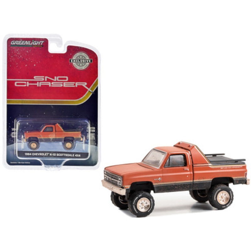 1984 Chevrolet K-10 Scottsdale 4x4 Pickup Truck Red and Black with Gold Stripes (Weathered) "Sno Chaser" "Hobby Exclusive" Series 1/64 Diecast Model Car by Greenlight