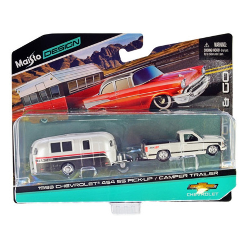 1993 Chevrolet 454 SS Pickup Truck White Metallic with Black Graphics and Camper Trailer White Metallic and Black "Tow & Go" Series 1/64 Diecast Model by Maisto