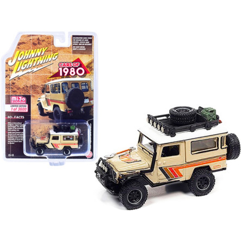 1980 Toyota Land Cruiser with Roof Rack Beige with White Top and Stripes Limited Edition to 3600 pieces Worldwide 1/64 Diecast Model Car by Johnny Lightning