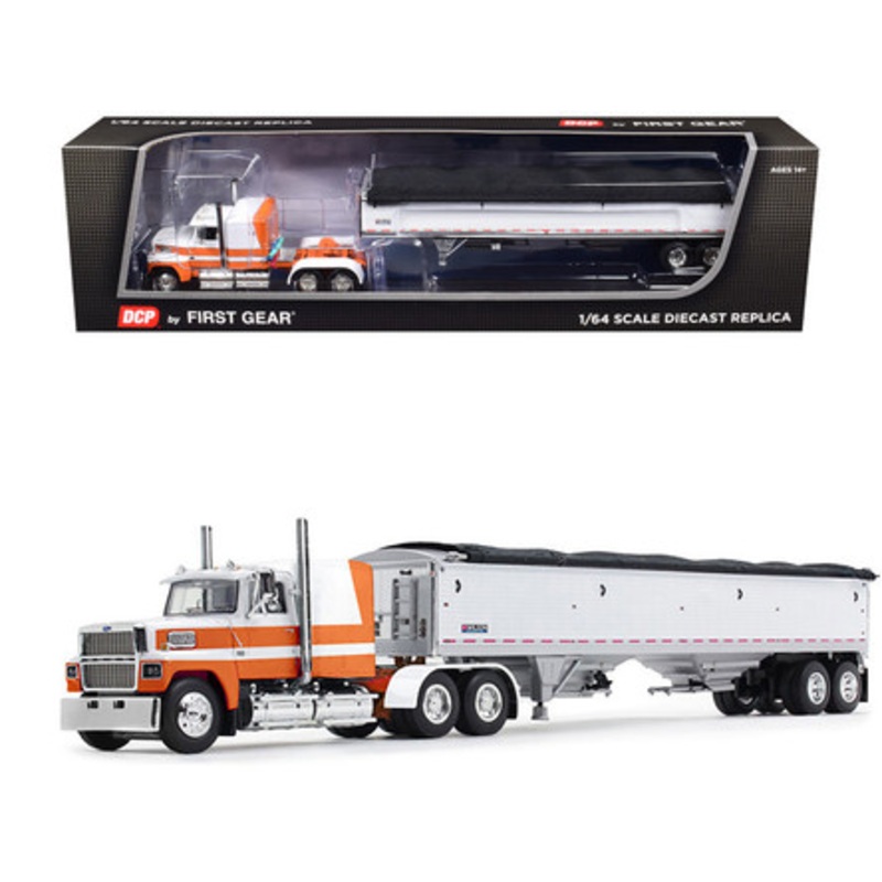 Ford LTL 9000 60" Aerodyne Sleeper with Wilson Pacesetter Grain Trailer Orange and White 1/64 Diecast Model by DCP/First Gear