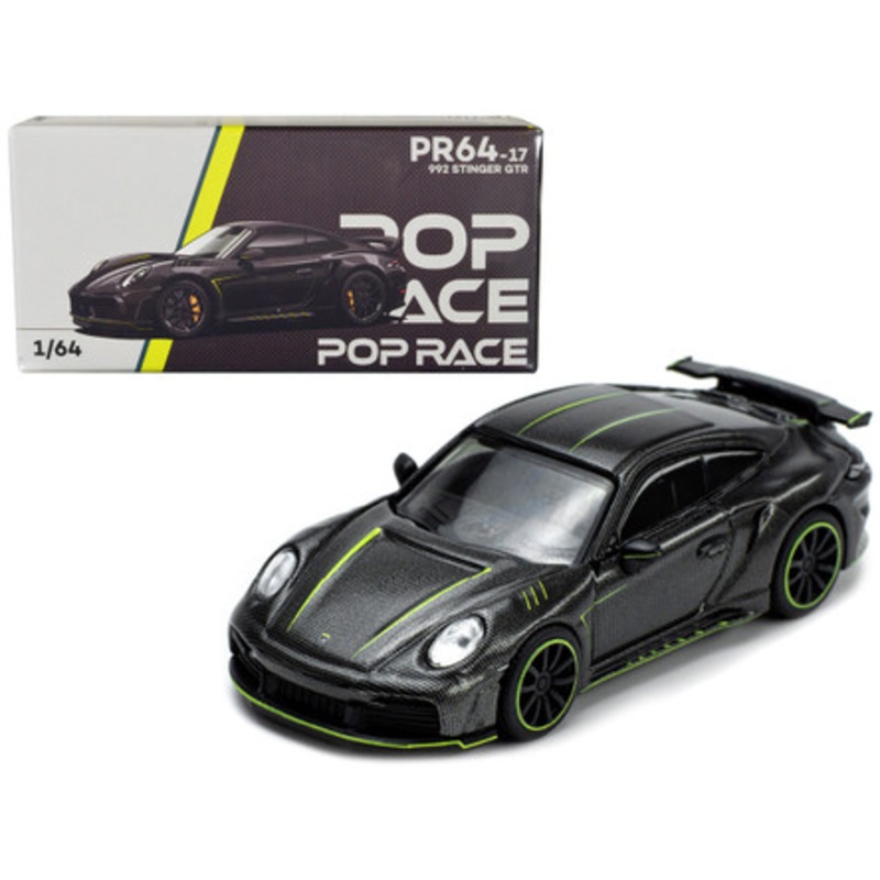 Porsche 992 Stinger GTR Carbon Black with Bright Green Stripes 1/64 Diecast Model Car by Pop Race