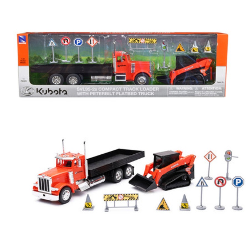 Peterbilt 379 Flatbed Truck Orange and Kubota SVL 95-2S Track Loader with Street Signs 1/32 Diecast Models by New Ray