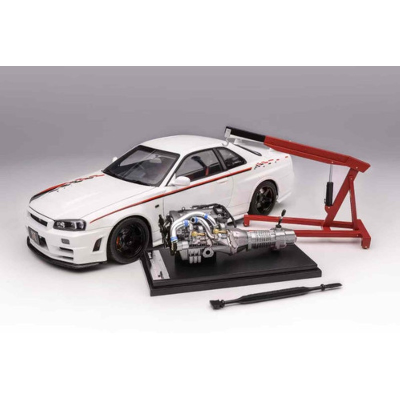 1/18 Motorhelix Nissan Skyline GT-R GTR R34 Nismo Customized (Pearl White) Diecast Car Model with Extra Engine
