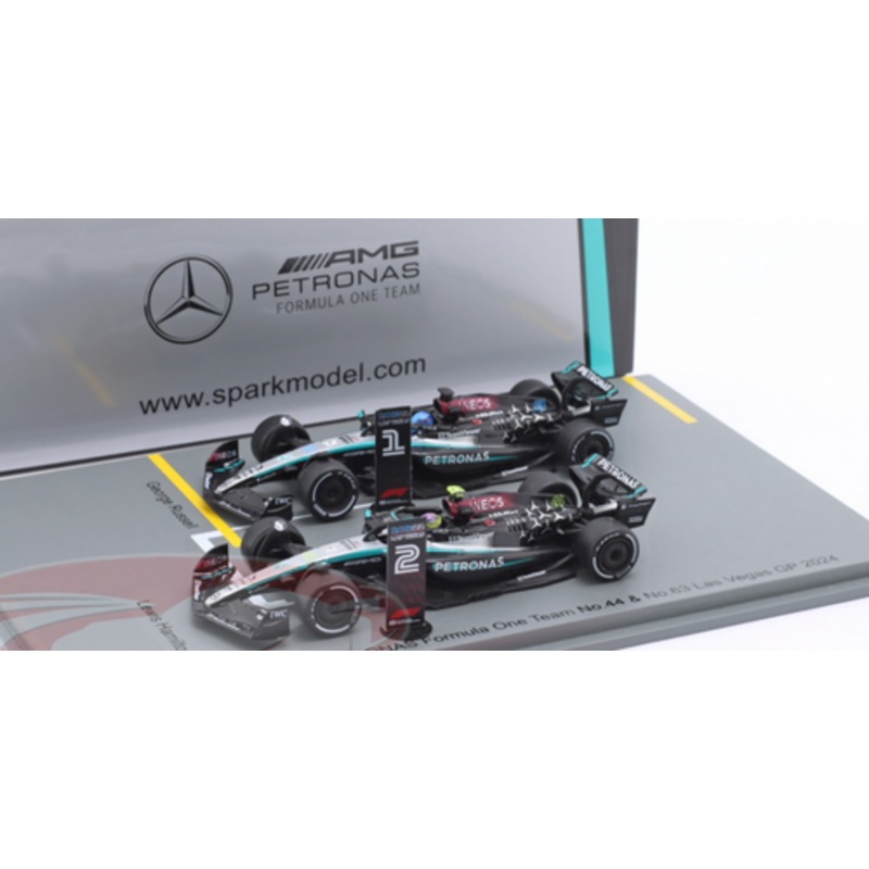 1/64 Spark Set of Two 2024 Formula 1 Mercedes-AMG Petronas F1 Team #44 Lewis Hamilton & #63 George Russell Las Vegas GP Car Models