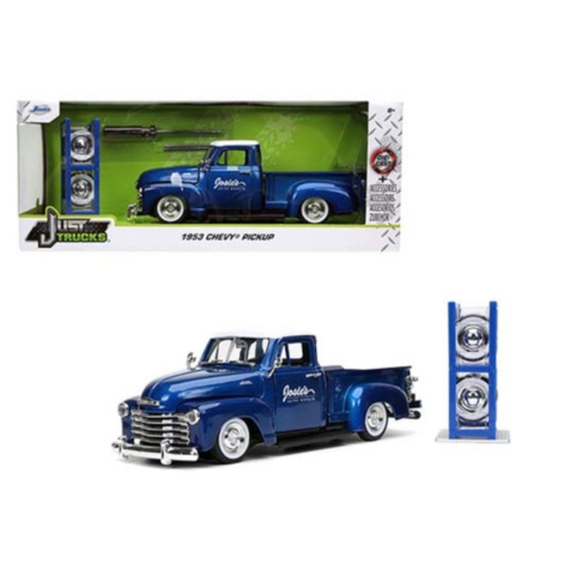 1953 Chevrolet 3100 Pickup Truck "Josie's Auto Repair" Blue Metallic with White Top with Extra Wheels "Just Trucks" Series 1/24 Diecast Model Car by Jada