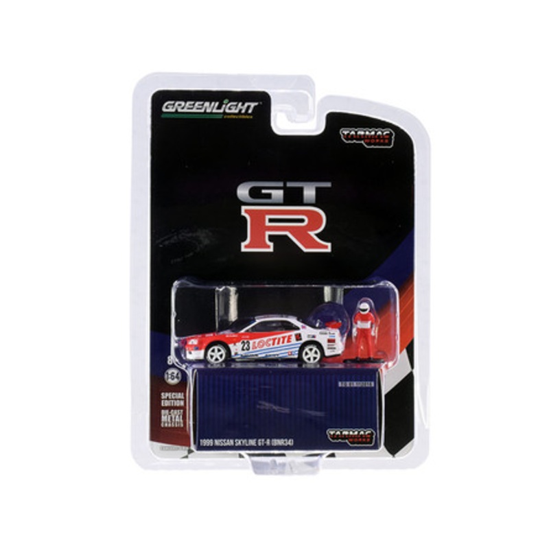 1999 Nissan Skyline GT-R (BNR34) #23 "Loctite" with Driver Figurine "Tarmac Works Exclusive" 1/64 Diecast Model Car by Greenlight