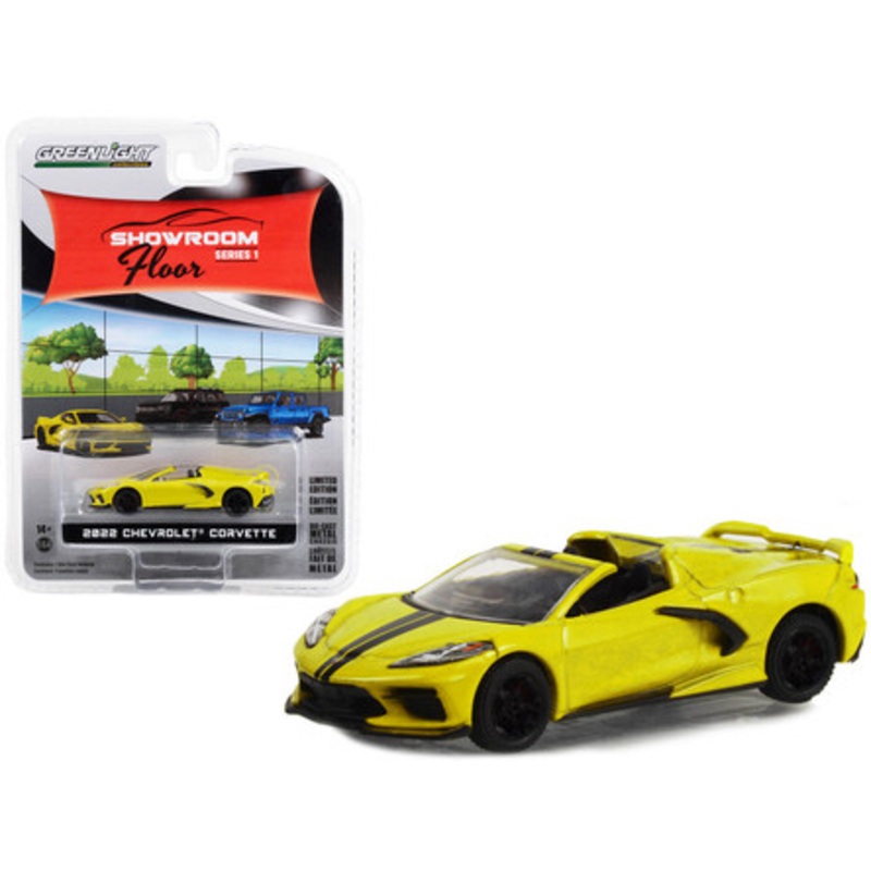 2022 Chevrolet Corvette C8 Convertible Accelerate Yellow Metallic with Black Stripes "Showroom Floor" Series 1 1/64 Diecast Model Car by Greenlight