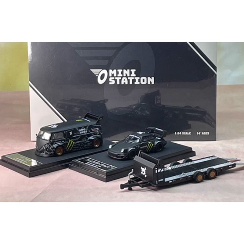 1/64 Mini Station Volkswagen T1 Van Monster + Porsche RWB 964 Monster +Trailer Diecast Car Models