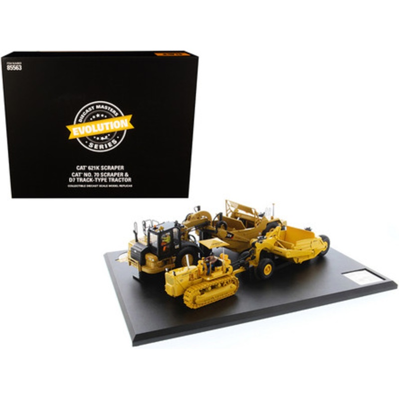 CAT Caterpillar 621K Scraper and Caterpillar No. 70 Scaper with D7 Track-Type Tractor Yellow "Evolution Series" 1/50 Diecast Model by Diecast Masters