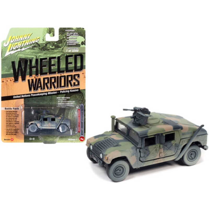 Humvee 4-CT Armored Fastback M1025 HMMWV Armament Carrier Camouflage (Battle Worn) "United Nations Peacekeeping Mission - Policing Kosovo" "Wheeled Warriors" Series Limited Edition to 3200 pieces Worldwide 1/64 Diecast Model Car by Johnny Lightning