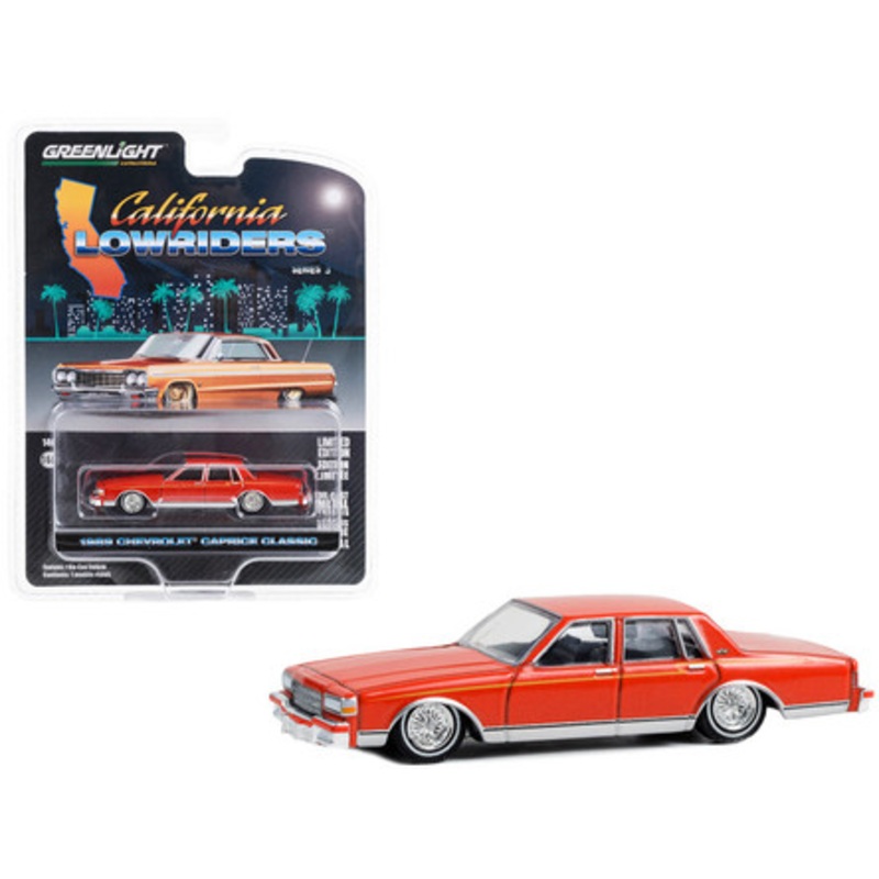 1989 Chevrolet Caprice Classic Lowrider Custom Red Orange with Yellow Stripes "California Lowriders" Series 3 1/64 Diecast Model Car by Greenlight
