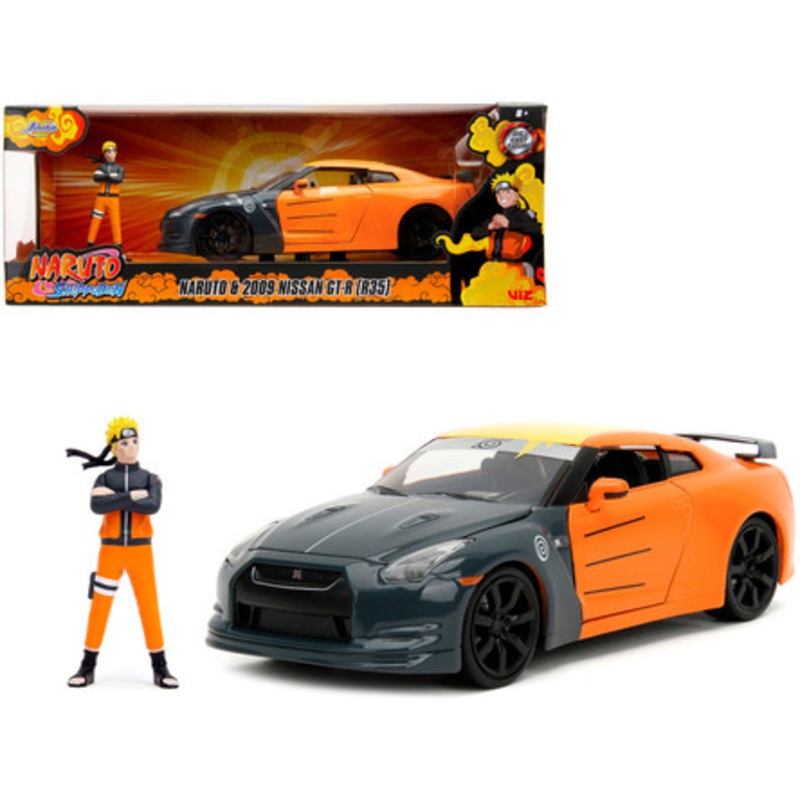 2009 Nissan GT-R (R35) Orange and Dark Gray with Yellow Top and Graphics and Naruto Diecast Figure "Naruto Shippuden" (2009-2017) TV Series "Anime Hollywood Rides" Series 1/24 Diecast Model Car by Jada