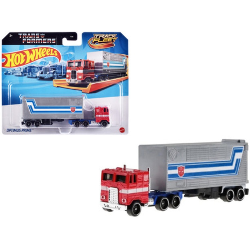 Optimus Prime Truck Red and Blue with Gray Trailer "Transformers" "Track Fleet" Series Diecast Model Car by Hot Wheels