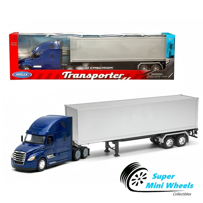 Welly 1:32 Freightliner Cascadia Container Blue w/ Grey Container  Transporter
