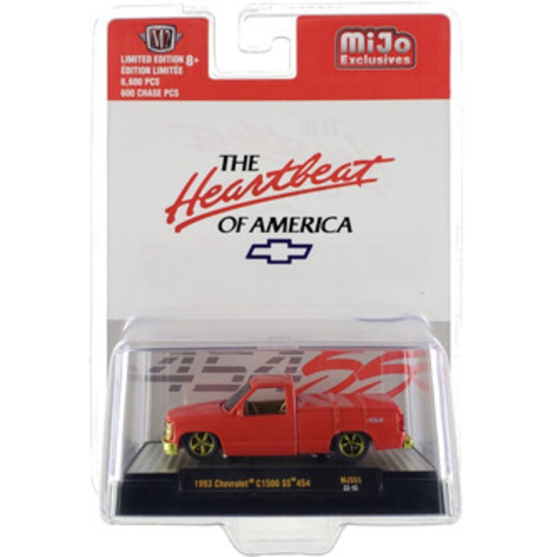 CHASE CAR 1/64 M2 Machines 1993 Chevrolet C1500 SS 454 Pickup Truck Red with Gold Interior & Wheels "The Heartbeat of America" Diecast Car Model