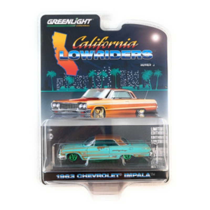 CHASE CAR 1963 Chevrolet Impala Lowrider Teal Patina (Rusted) with Brown Top and Teal Interior "California Lowriders" Series 3 1/64 Diecast Model Car by Greenlight