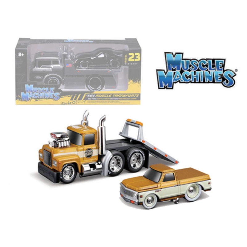 1/64 Muscle Machines Mack Flatbed & 1972 Chevrolet C10 Pickup (Gold) Diecast Models