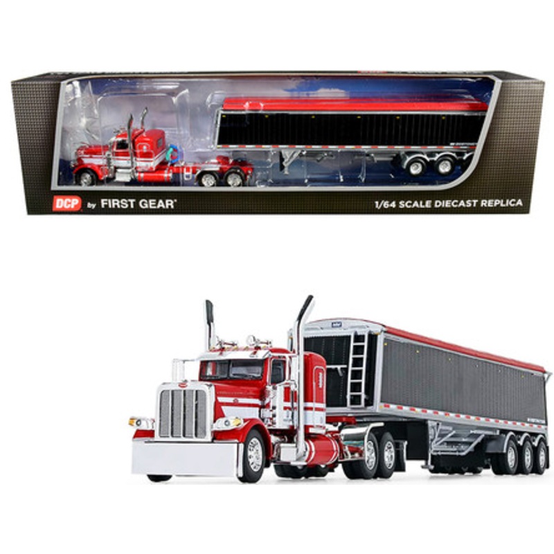 Peterbilt 389 36" Flattop Sleeper Cab with Lode King Distinction Tri-Axle Hopper Trailer Red and Black 1/64 Diecast Model by DCP/First Gear