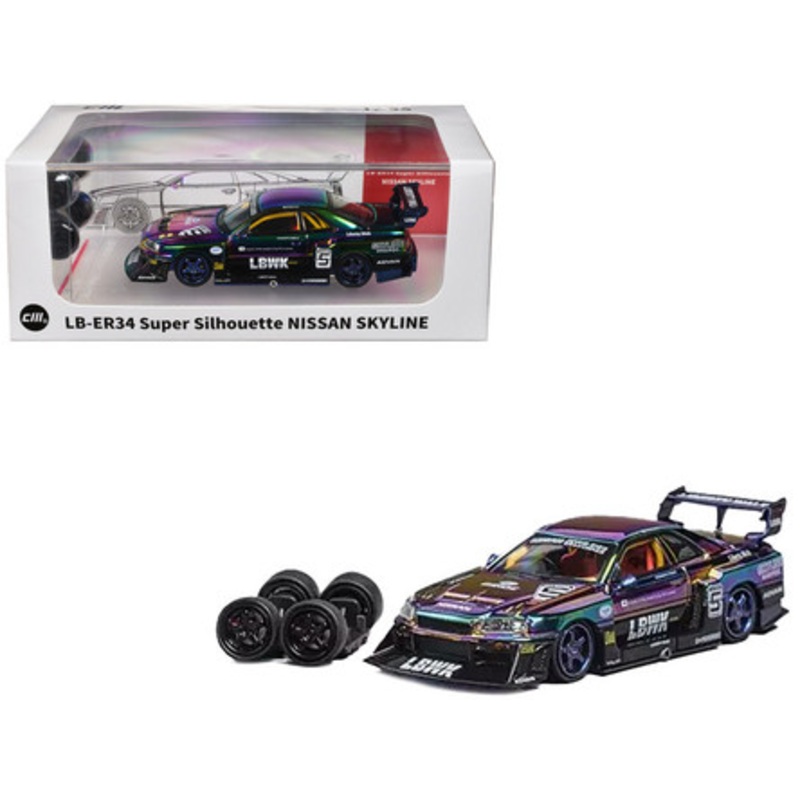 Nissan Skyline LB-ER34 "Super Silhouette" RHD (Right Hand Drive) #5 Chameleon Metallic with Extra Wheels 1/64 Diecast Model Car by CM Models