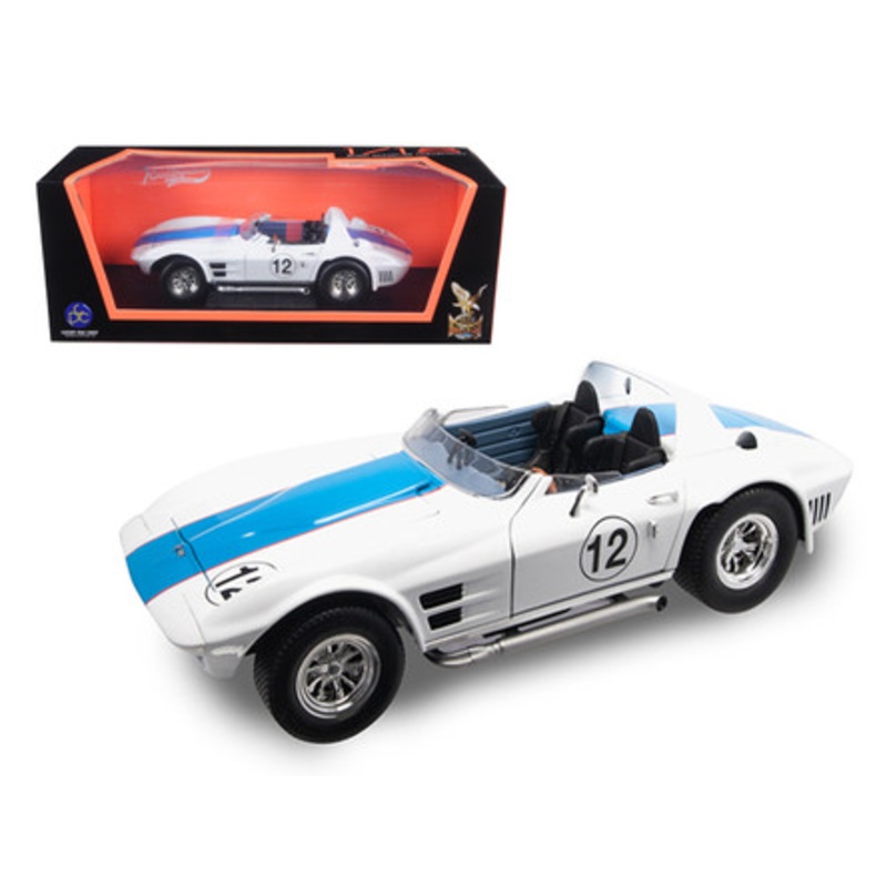 1964 Chevrolet Corvette Grand Sport Roadster #12 White with Blue Stripes 1/18 Diecast Model Car by Road Signature