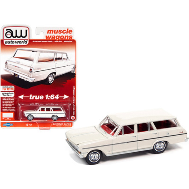 1963 Chevrolet II Nova 400 Wagon Ermine White with Red Interior "Muscle Wagons" Limited Edition to 15126 pieces Worldwide 1/64 Diecast Model Car by Autoworld