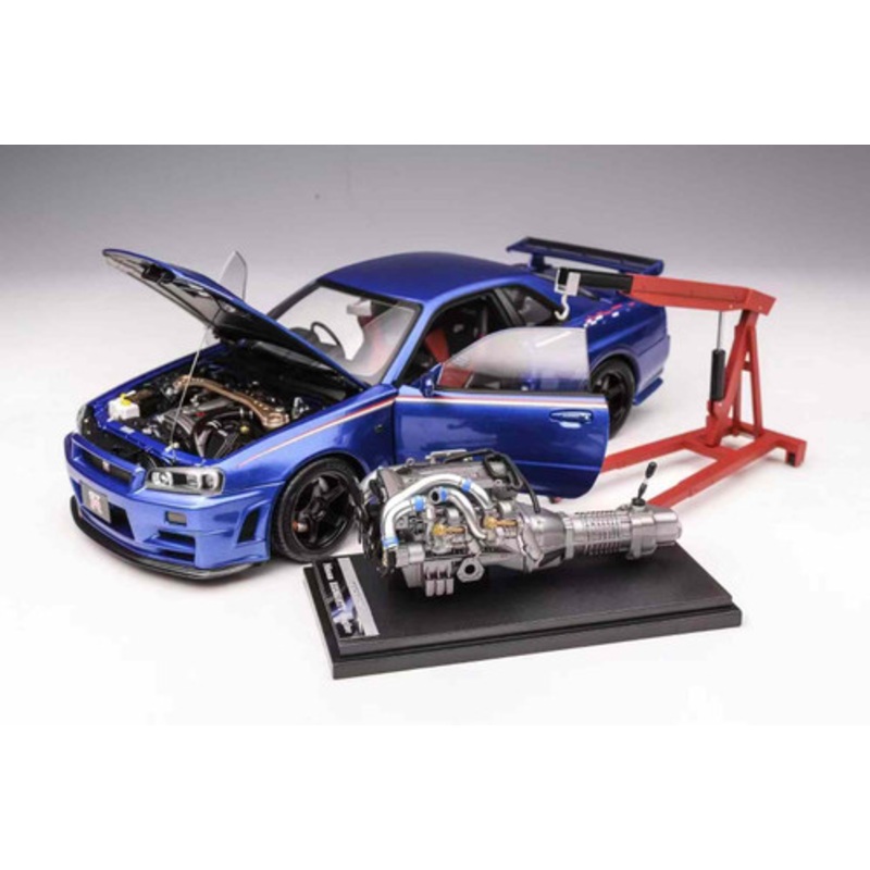 1/18 Motorhelix Nissan Skyline GT-R GTR R34 Nismo Customized (Bayside Blue) Diecast Car Model with Extra Engine