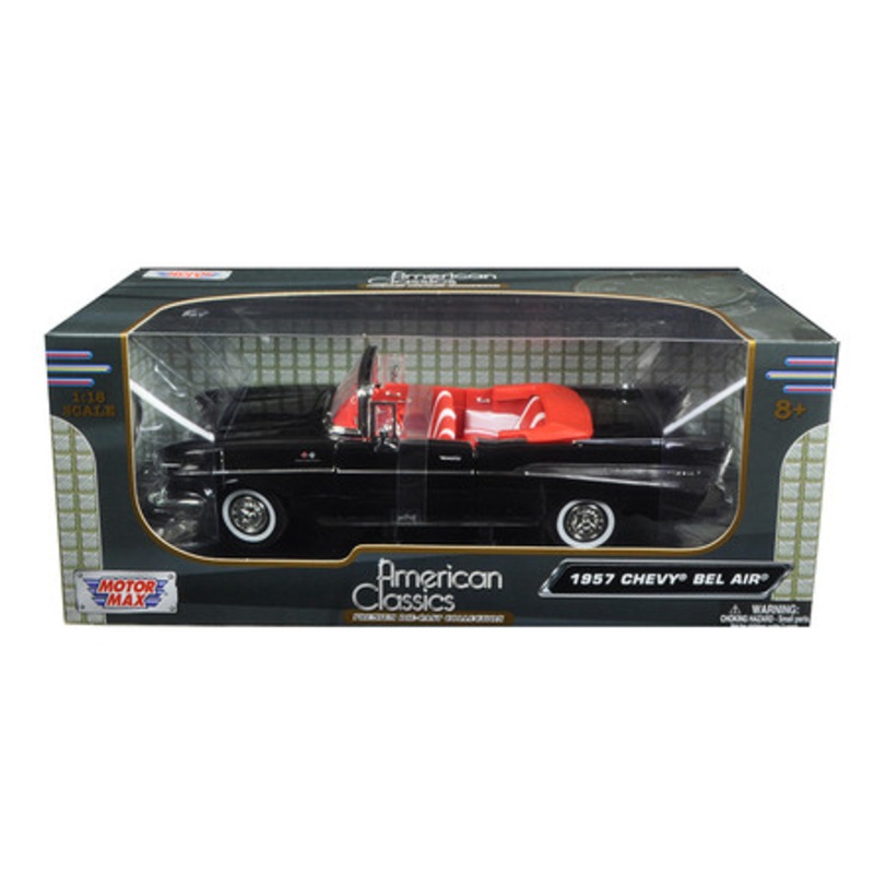 1957 Chevrolet Bel Air Convertible Black with Red Interior 1/18 Diecast Model Car by Motormax