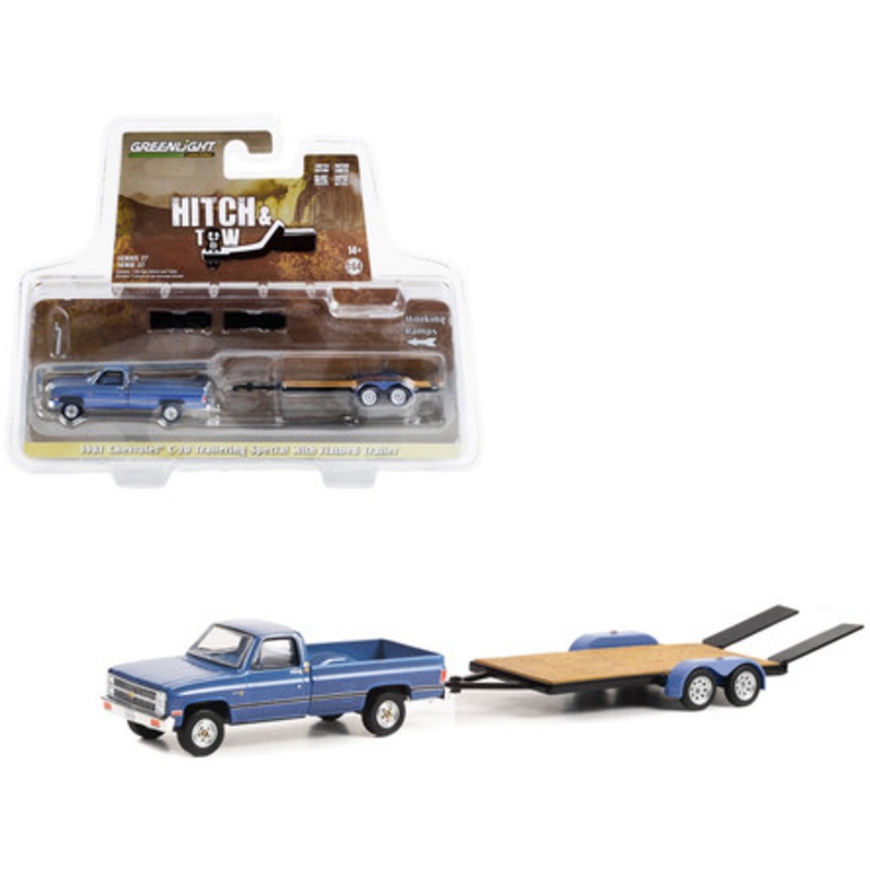 1981 Chevrolet C-20 Trailering Special Pickup Truck Blue with Black Stripes and Flatbed Trailer "Hitch & Tow" Series 27 1/64 Diecast Model Car by Greenlight