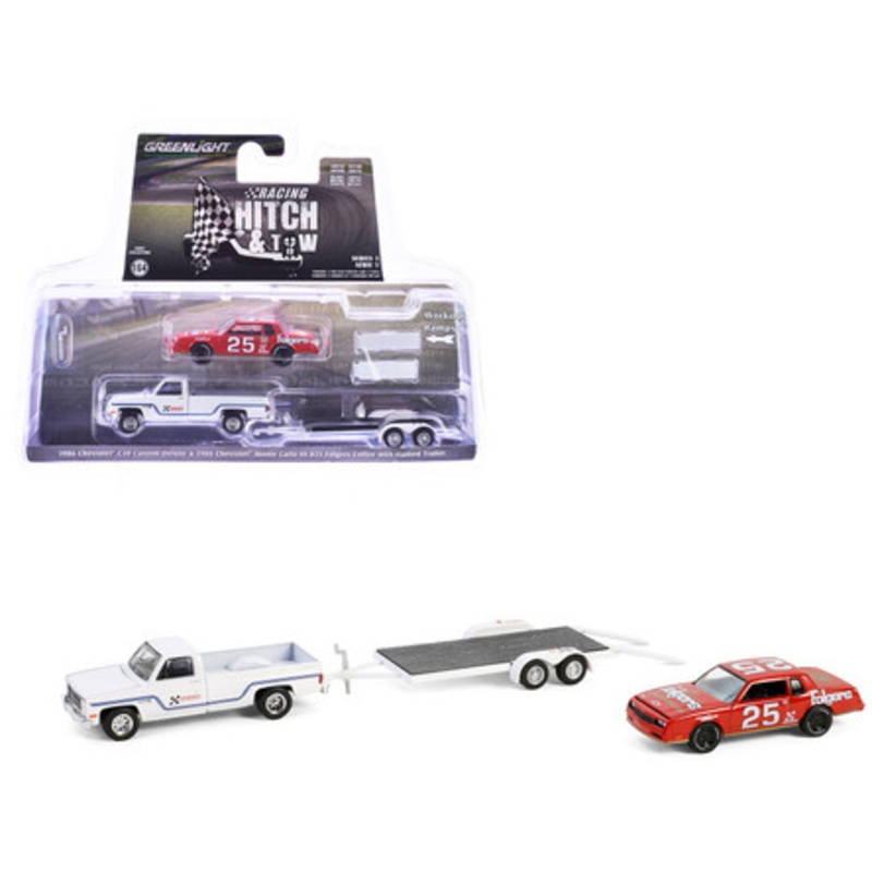 1986 Chevrolet C30 Custom Deluxe Pickup Truck White and 1986 Chevrolet Monte Carlo SS #25 "Folgers Coffee" Red with Flatbed Trailer "Hendrick Motorsports" "Racing Hitch & Tow" Series 5 1/64 Diecast Model Car by Greenlight