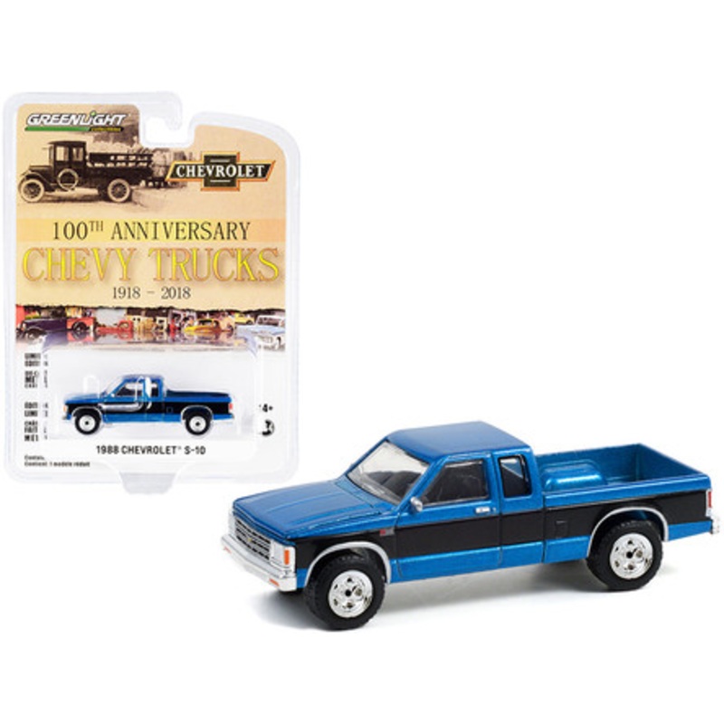 1988 Chevrolet S-10 4x4 Extended Cab Pickup Truck Blue Metallic and Black "100th Anniversary of Chevy Trucks" (1918-2018) "Anniversary Collection" Series 13 1/64 Diecast Model Car by Greenlight