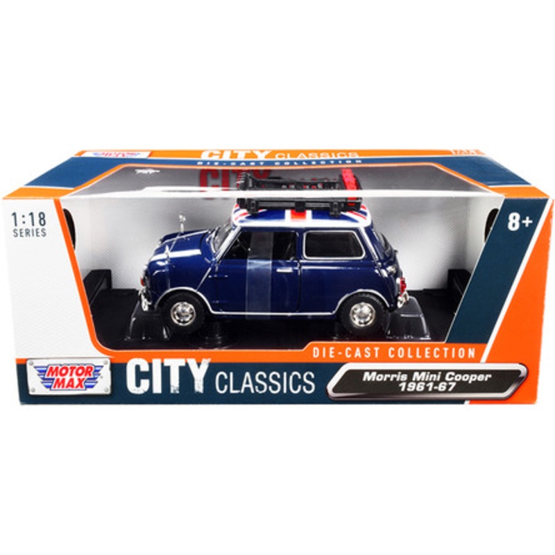 1/18 Motormax 1961-1967 Morris Mini Cooper RHD (Right Hand Drive) Dark Blue with British Flag on the Top and Roof Rack Diecast Car Model