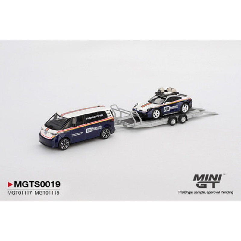 1/64 Mini GT Porsche 911 992 Dakar #718 & Volkswagen ID. Buzz Porsche Centrum Gelderland Roughroads Set Diecast Car Model