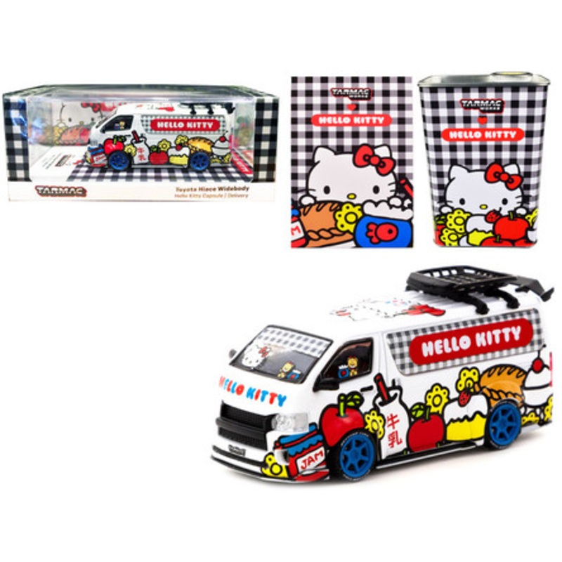 1/64 Tarmac Works Toyota Hiace Widebody Hello Kitty Capsule Delivery Van With Hello Kitty Oil Can Diecast Car Model