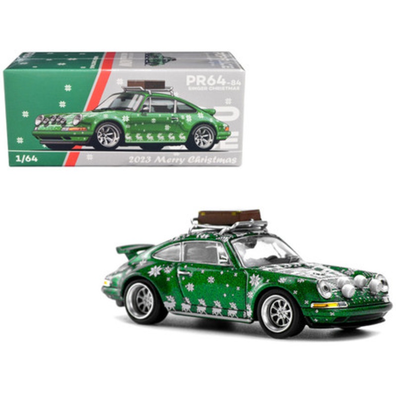 Porsche Singer 964 Green Metallic with Graphics "2023 Merry Christmas" with Luggage on Roof Rack 1/64 Diecast Model Car by Pop Race