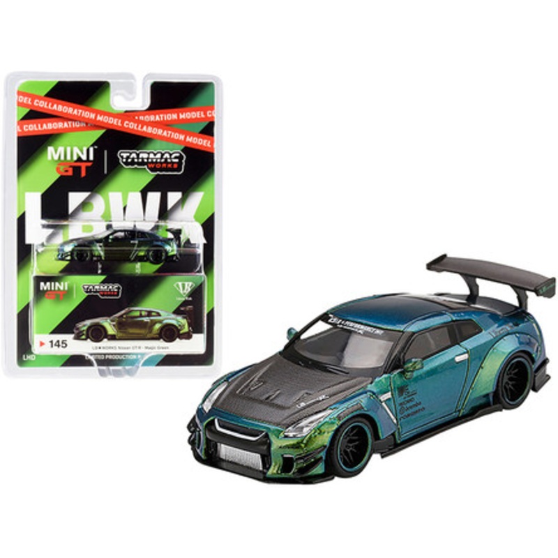 Nissan GT-R (R35) Type 2 Rear Wing Version 3 LB Works Magic Green with Carbon Hood "Collaboration Model" 1/64 Diecast Model Car by Tarmac Works & True Scale Miniatures