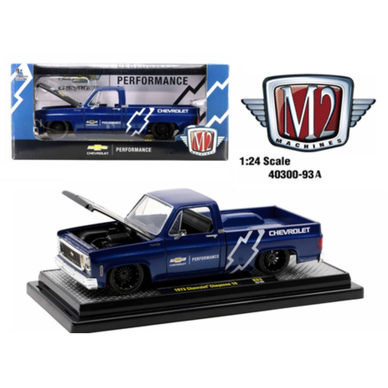 1973 Chevrolet Cheyenne 10 Pickup Truck Dark Blue Metallic with Black Hood "Chevrolet Performance" Limited Edition to 9600 pieces Worldwide 1/24 Diecast Model Car by M2 Machines