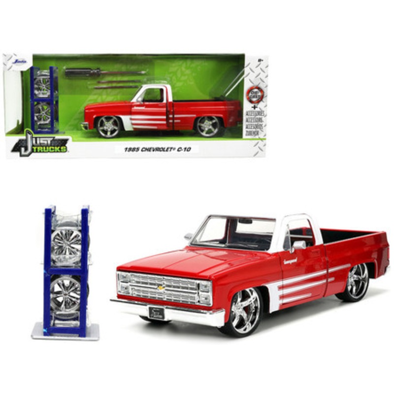1985 Chevrolet C-10 Pickup Truck Red with White Top and Graphics with Extra Wheels "Just Trucks" Series 1/24 Diecast Model Car by Jada