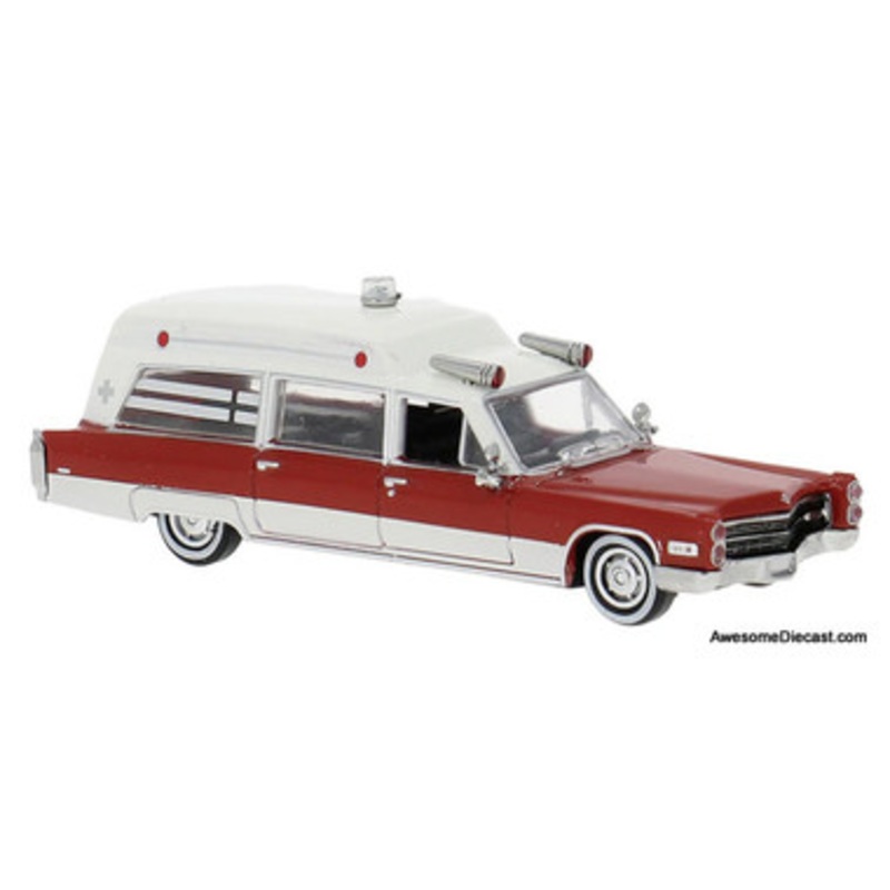 1966 Cadillac Miller Meteor Ambulance, White/Red 1:87 ABS Plastic Model Ambulance by Brekina